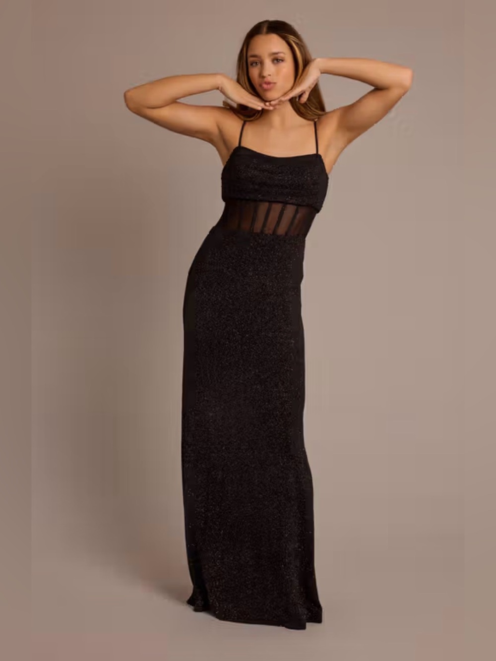 David's Bridal Black Glitter Knit Illusion Corset Sheath Dress